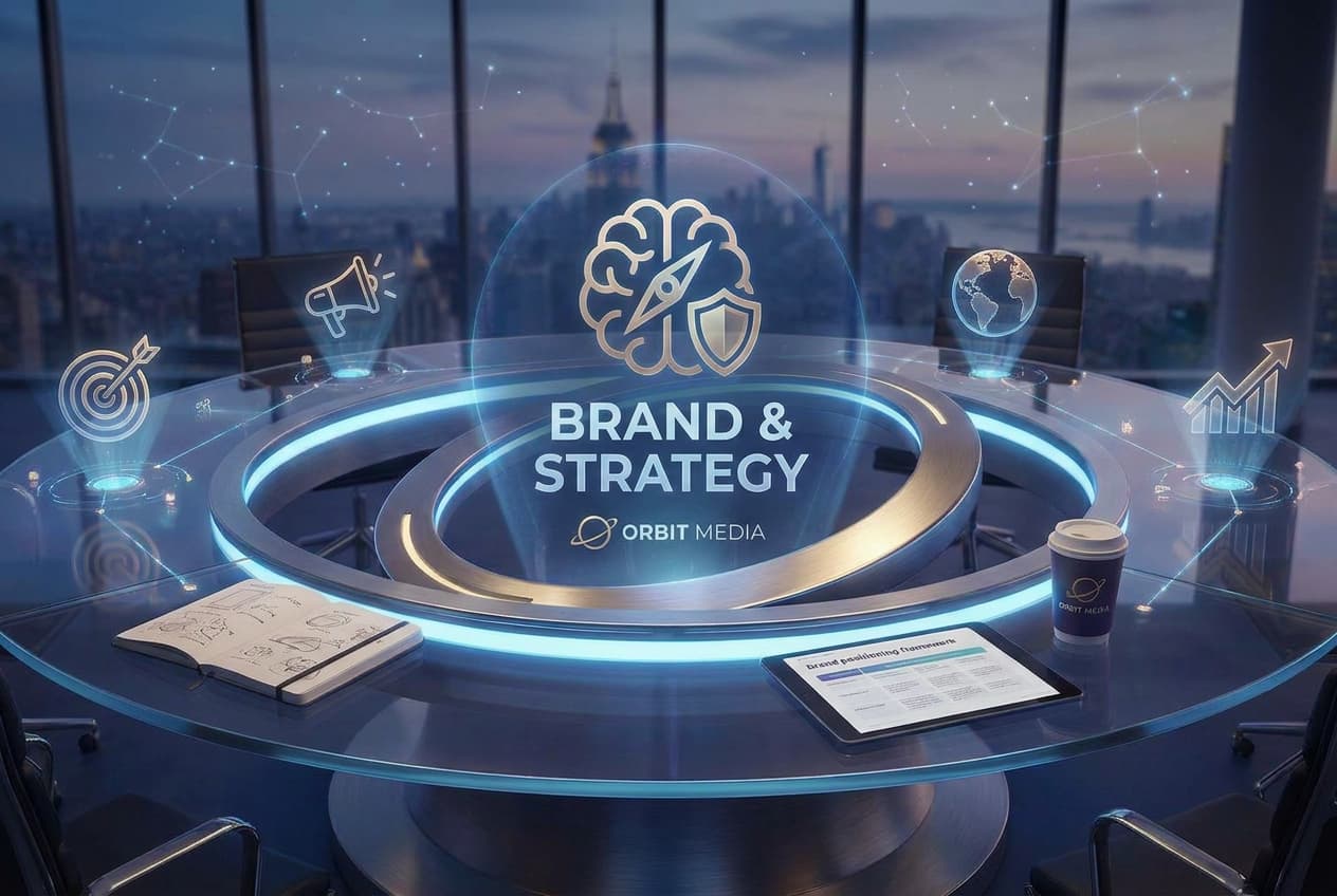 Brand Strategy & Positioning represented through navy paper forms, copper marks, and olive material details