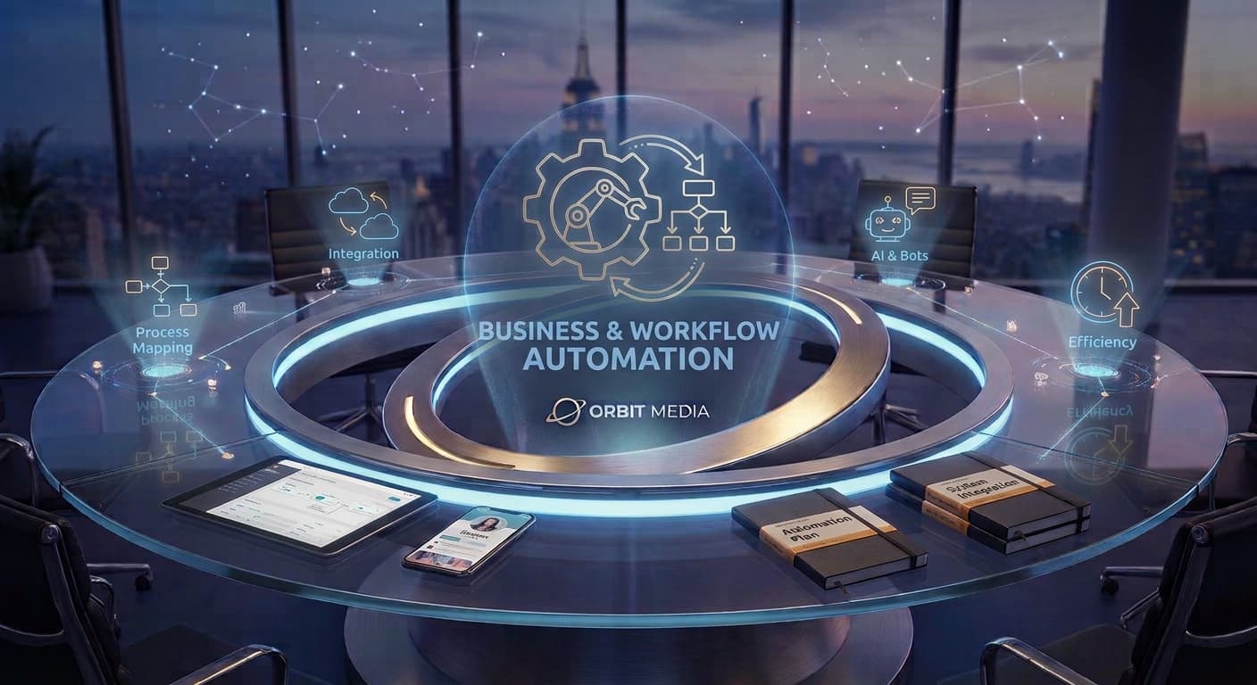 Business & Workflow Automation represented through navy paper forms, copper marks, and olive material details