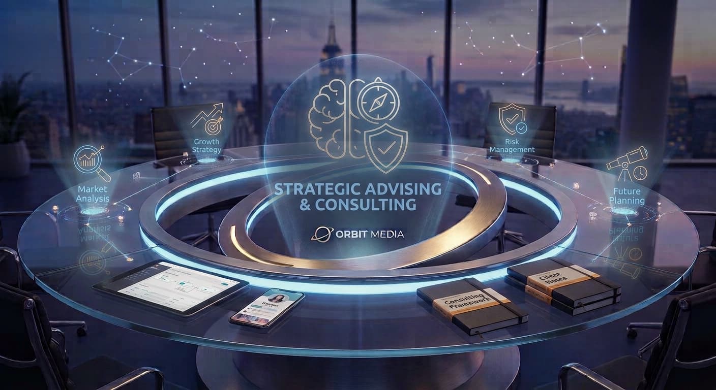 Strategic Advisory & Consulting represented through navy paper forms, copper marks, and olive material details