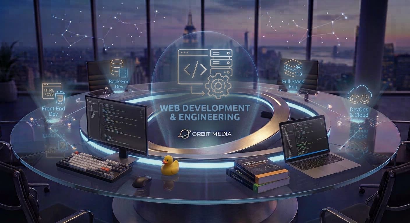Web Development & Engineering represented through navy paper forms, copper marks, and olive material details
