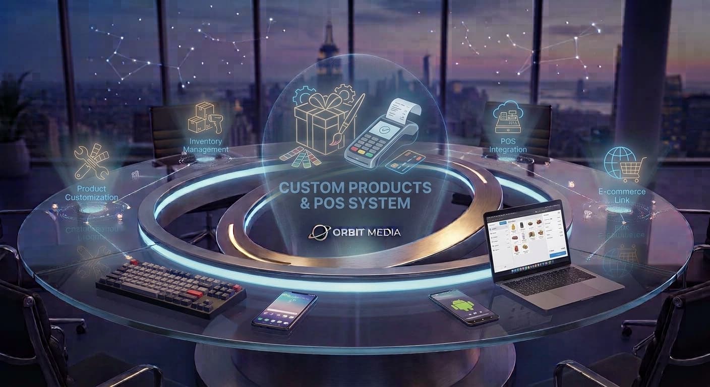 Custom Products & POS Systems represented through navy paper forms, copper marks, and olive material details