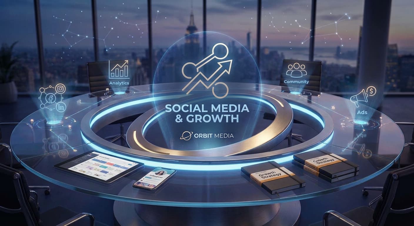 Social Media & Community Growth represented through navy paper forms, copper marks, and olive material details