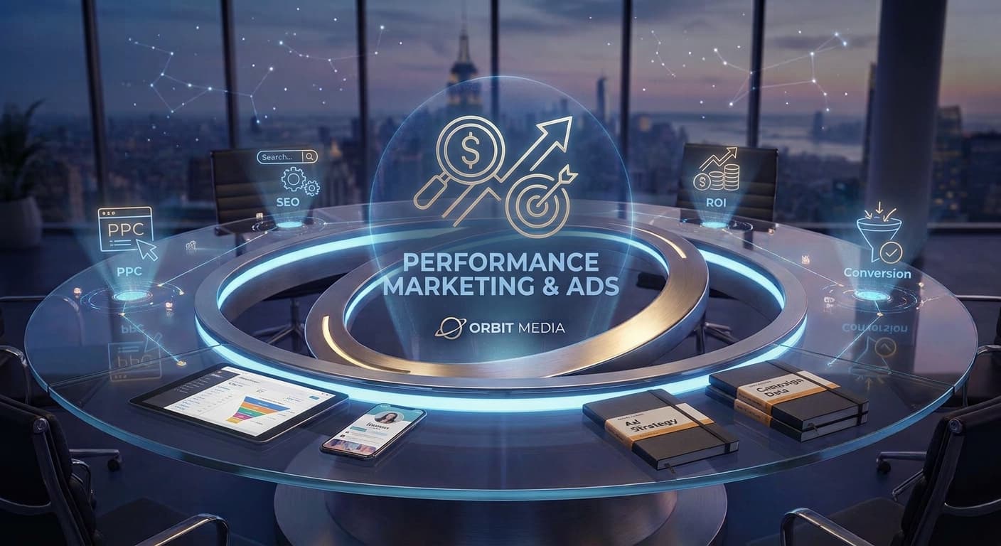 Performance Marketing & Paid Ads represented through navy paper forms, copper marks, and olive material details